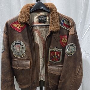 Avirex Brown Leather Bomber Jacket with Shearling Collar and Patch Patches